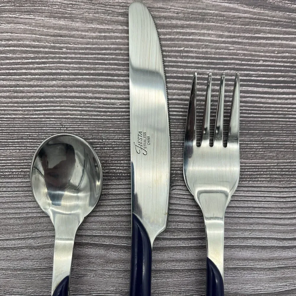 Fiesta Swirl Flatware Silverware 3 Piece Set Stainless 1990s - Blue Dark Navy